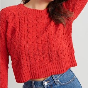 garage red cable knit chenille sweater